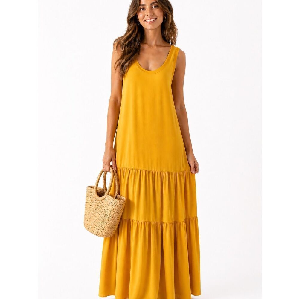 Elizabeth and James Silk Blend Yellow Tiered Maxi Dress S